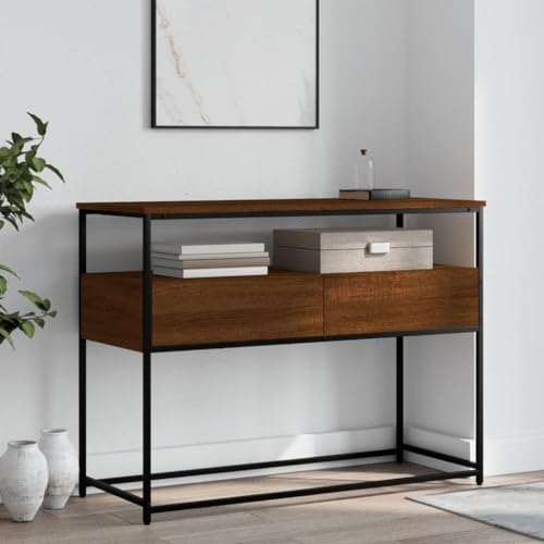Brown Oak Narrow Console Table with 2 Drawers & Shelf M372954
