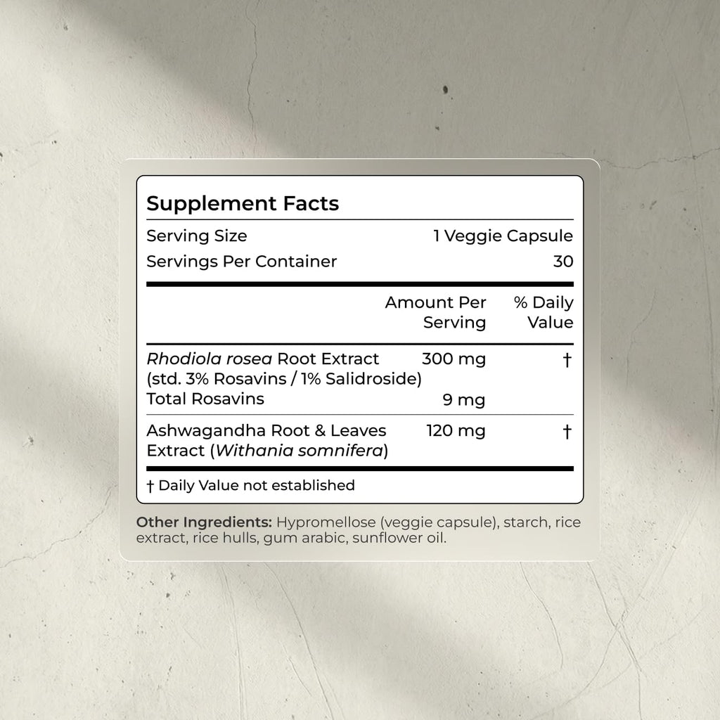Ashwagandha & Rhodiola 120mg Adaptogen Capsules 30 Vegan Capsules D1514