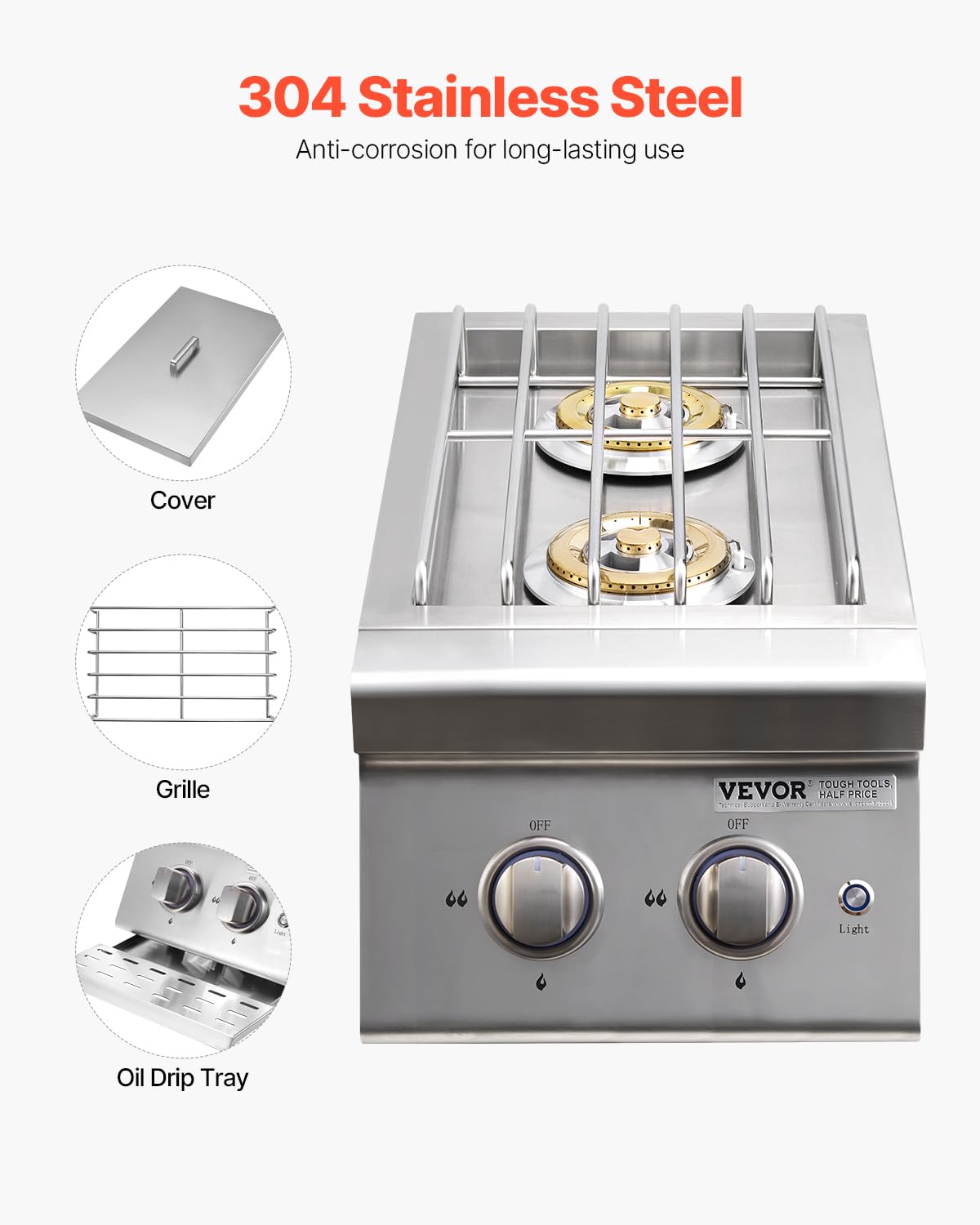 Double Side Burners, 2 x 17,000BTU Liquid Propane, Convertible to Natural Gas, 304 Stainless Steel Built-in E37726