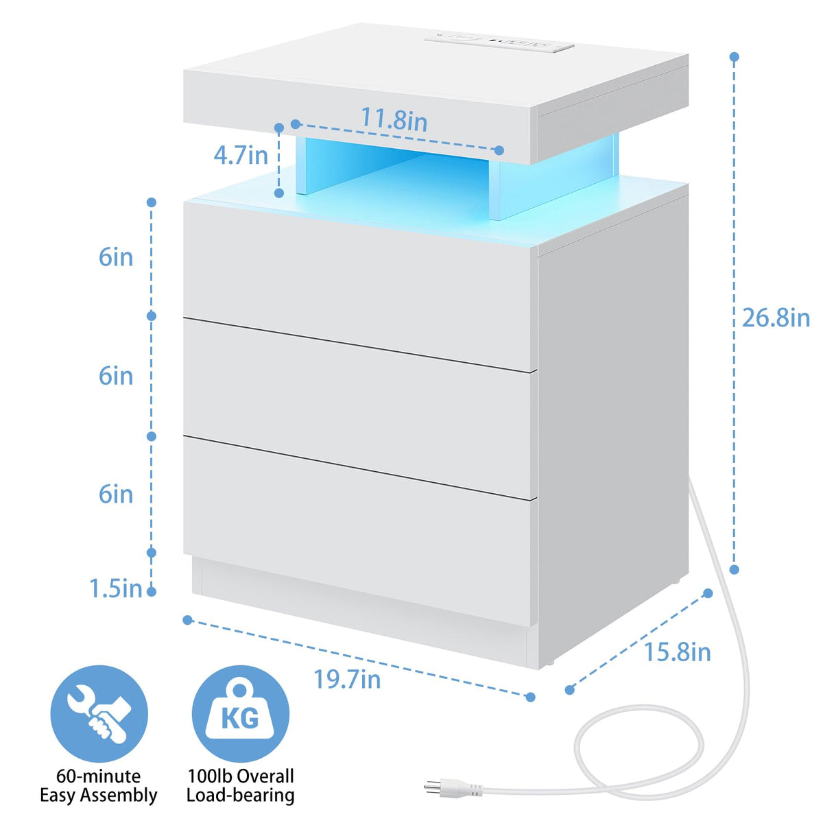 White 3 Drawer Nightstand with Wireless Charging Station E1041