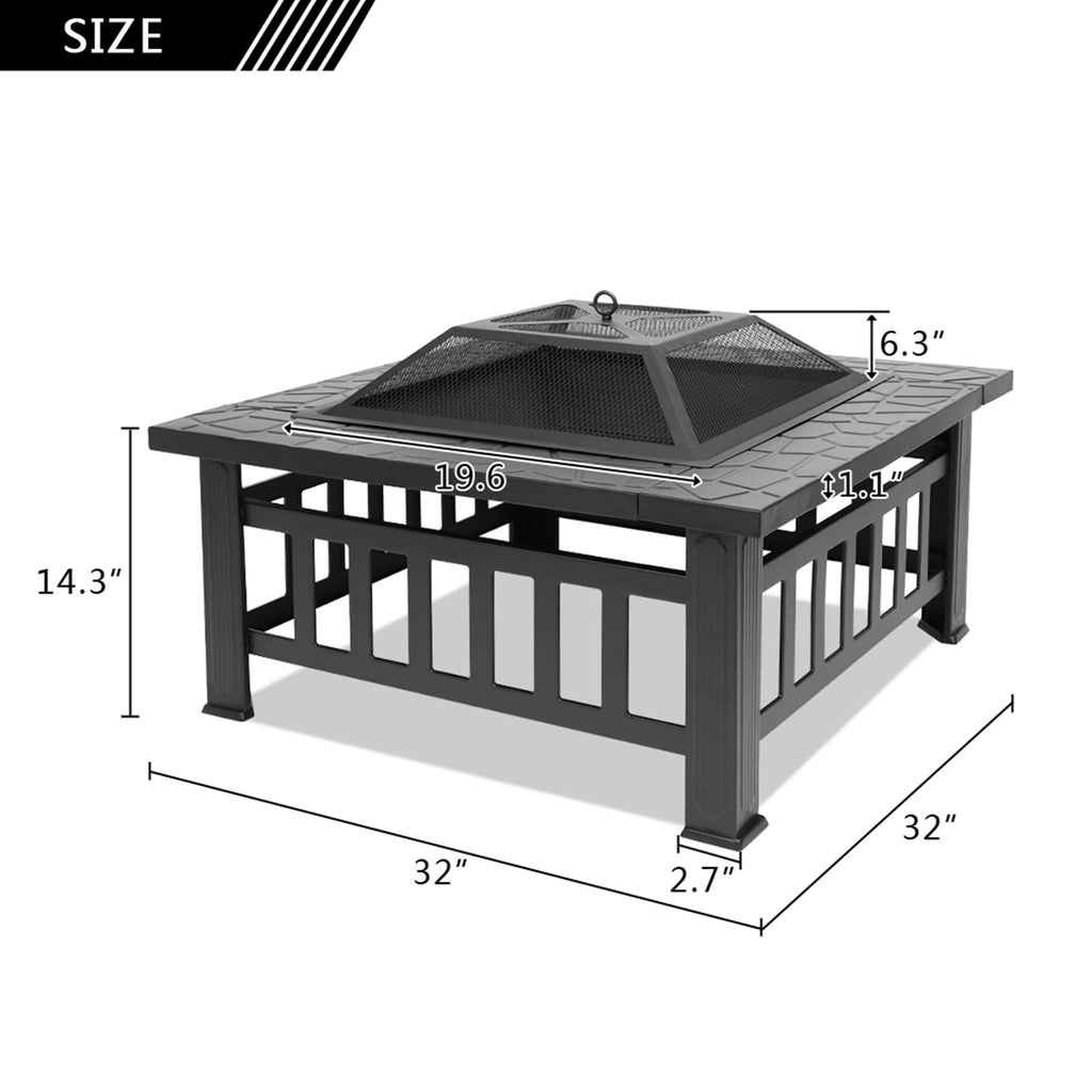 Black 32" Wood Burning Fire Pit Table with Grate, Poker and Spark Screen Cover X125413