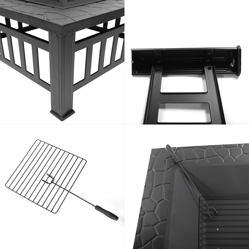Black 32" Wood Burning Fire Pit Table with Grate, Poker and Spark Screen Cover X125413
