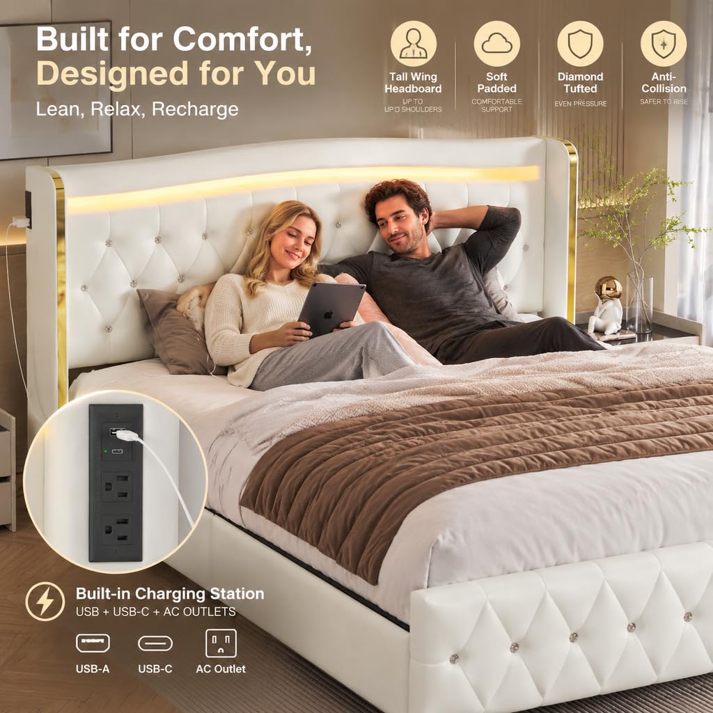 White Full Size Bed Frame with 4 Storage Drawers H5890