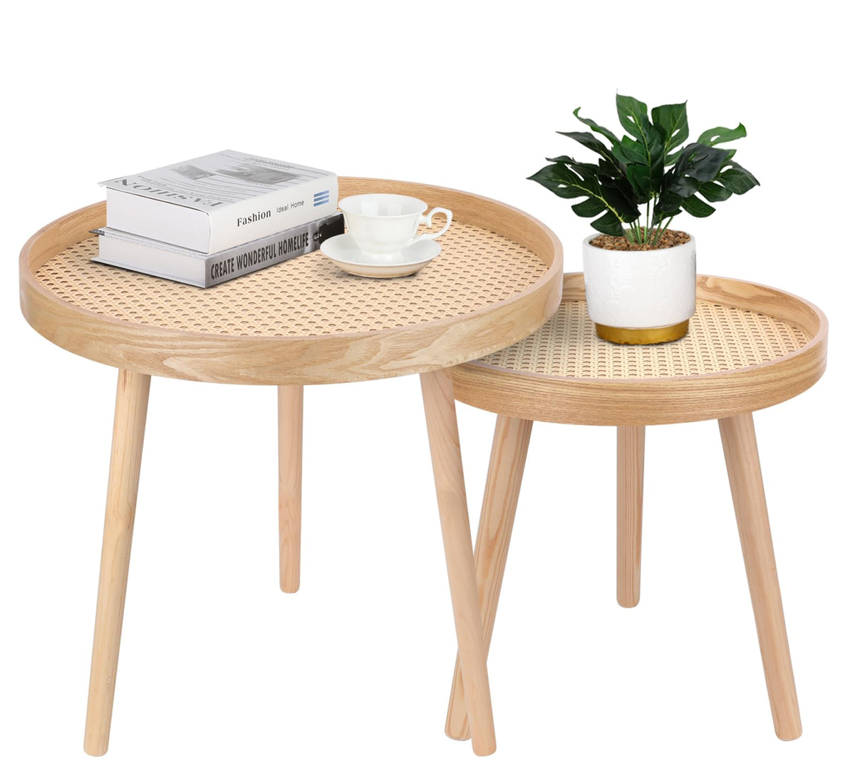Round Coffee Table Set of 2 Natural Rattan O746853