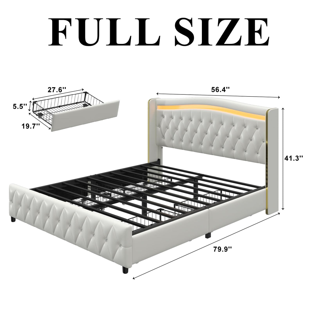 White Full Size Bed Frame with 4 Storage Drawers H5890