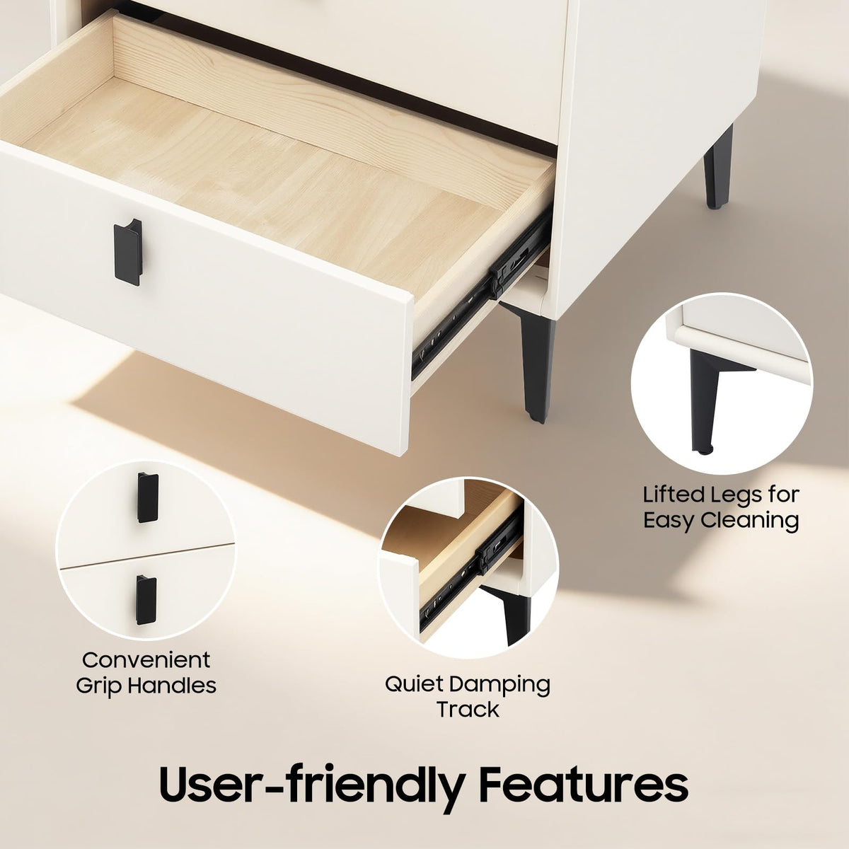 Beige White 3 Drawer Nightstand with Wireless Charging P4428