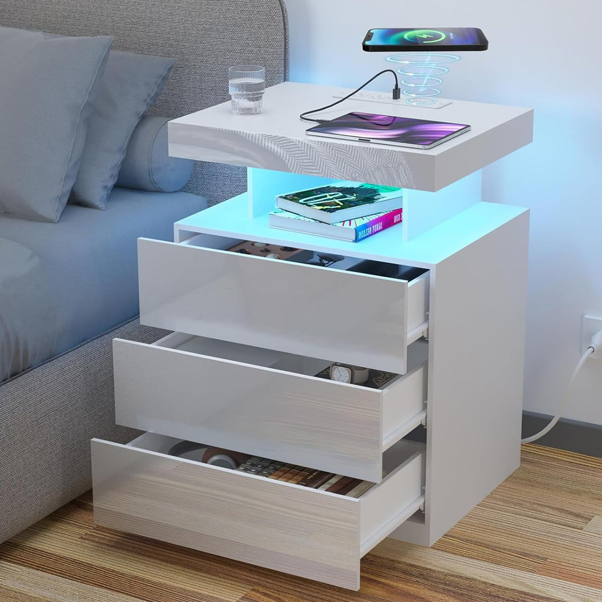White 3 Drawer Nightstand with Wireless Charging Station E1041