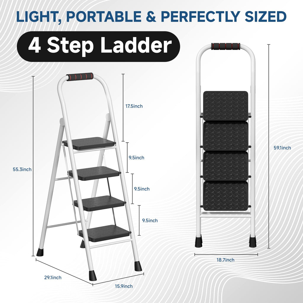 4 Step Ladder Folding Step Stool with Handrail 800lb White G3330