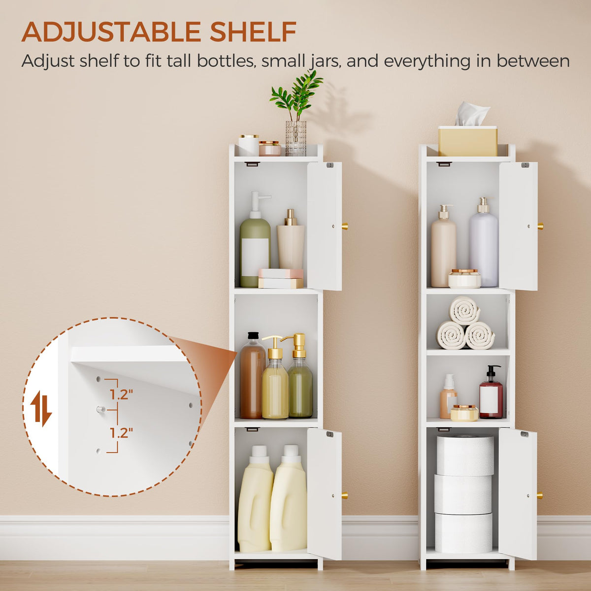 Slim Bathroom Storage Cabinet with 2 Doors and Adjustable Shelf Y78083