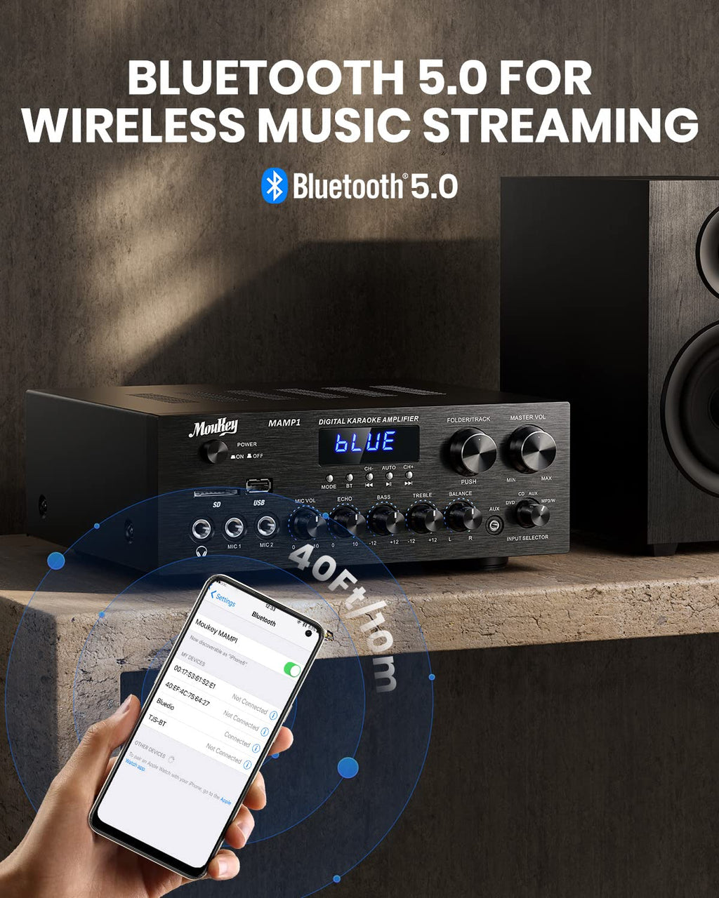Bluetooth Stereo Receiver Amplifier with USB SD AUX RCA MIC, 400W Peak E332438