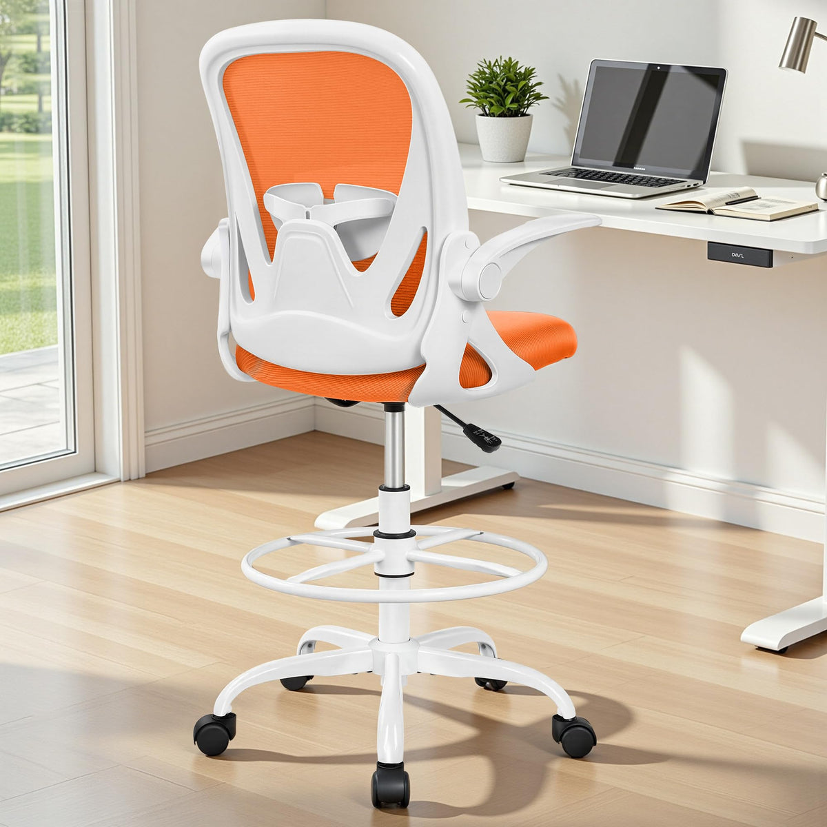 Tall Ergonomic Drafting Chair with Flip-up Armrests and Footrest Ring O194