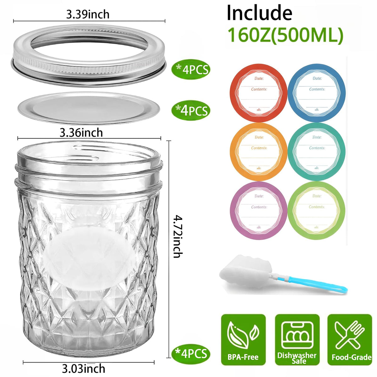 16 oz Wide Mouth Glass Mason Jars with Lids, 4 Pack J62001