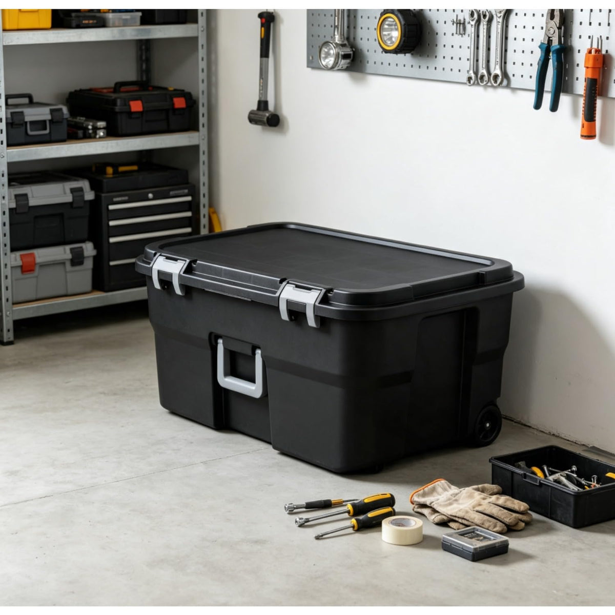 Black Lockable Wheeled Plastic Storage Footlocker D5047