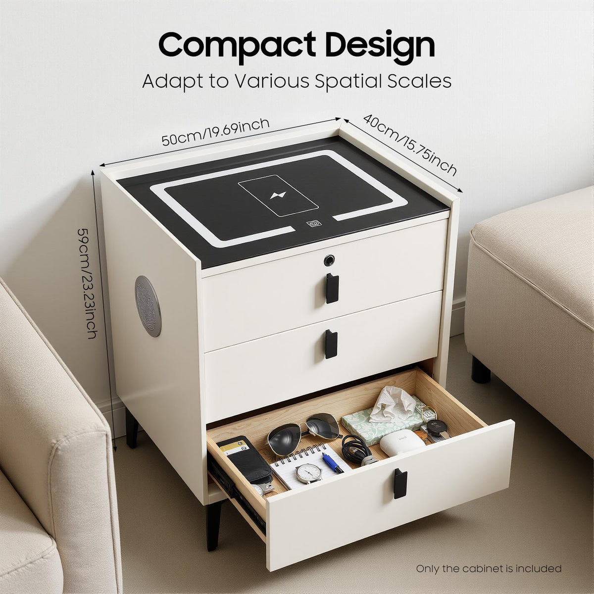 Beige White 3 Drawer Nightstand with Wireless Charging P4428
