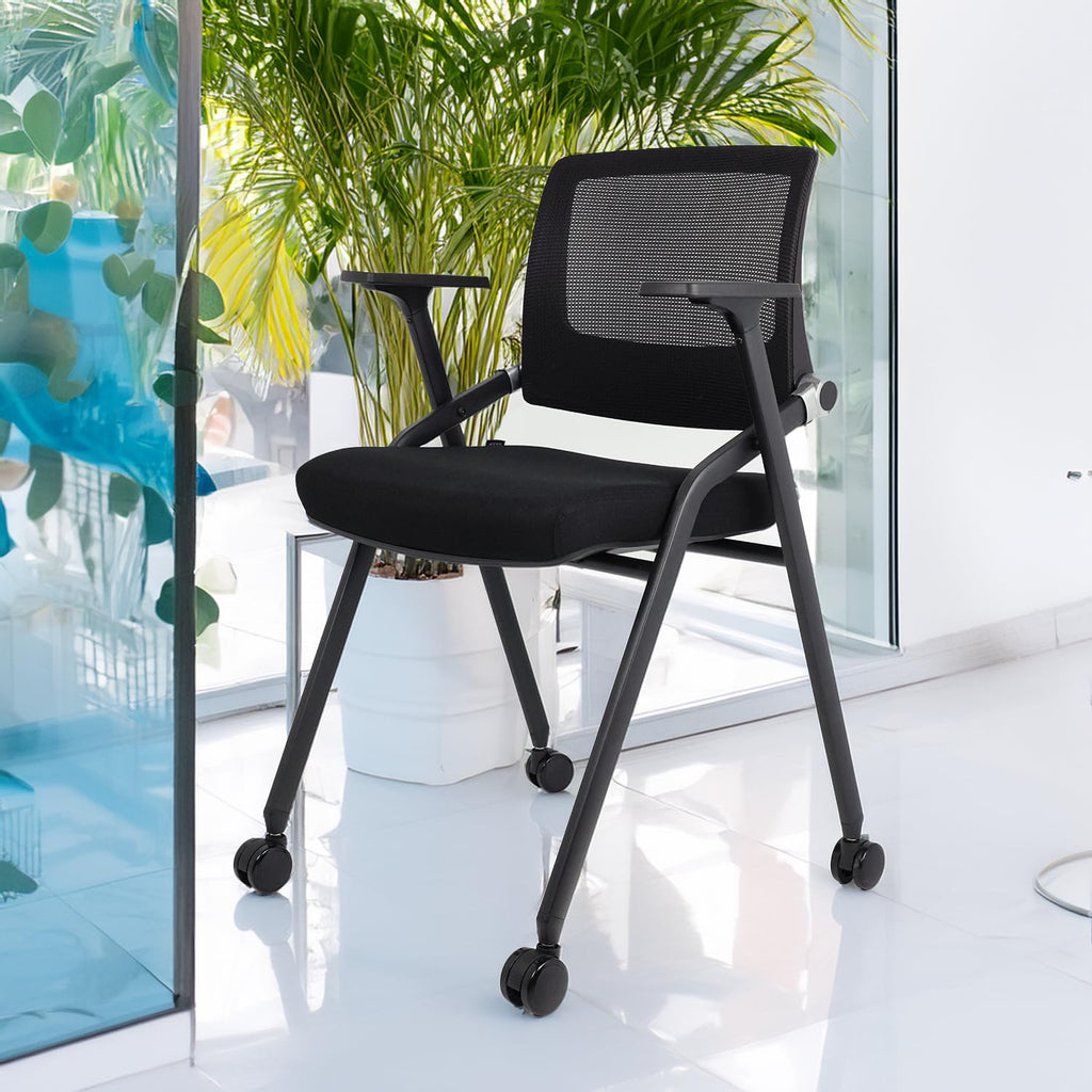 2 Pack Black Mesh Folding Office Chairs with Wheels F455