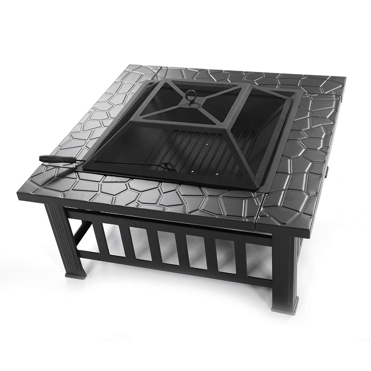 Black 32" Wood Burning Fire Pit Table with Grate, Poker and Spark Screen Cover X125413