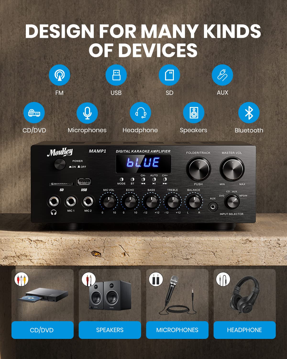 Bluetooth Stereo Receiver Amplifier with USB SD AUX RCA MIC, 400W Peak E332438