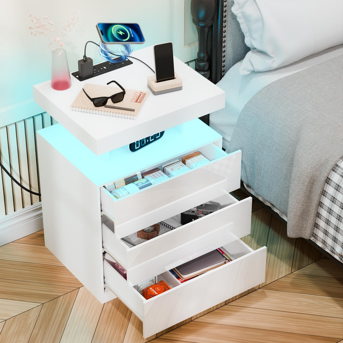 White 3 Drawer Nightstand with Wireless Charging Station E1041