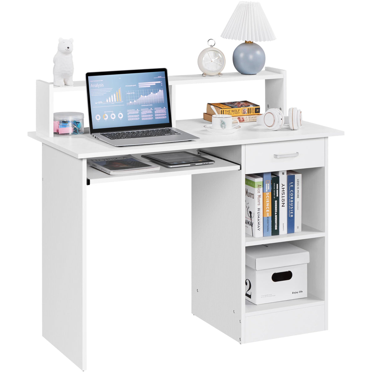 White Computer Desk with Keyboard Tray, Drawers, and Shelves W17426