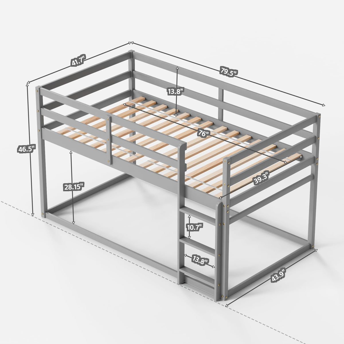 Low Twin Over Twin Wooden Bunk Bed with Ladder and Guardrails O94163