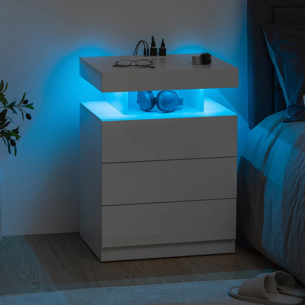 White 3 Drawer Nightstand with Wireless Charging Station E1041