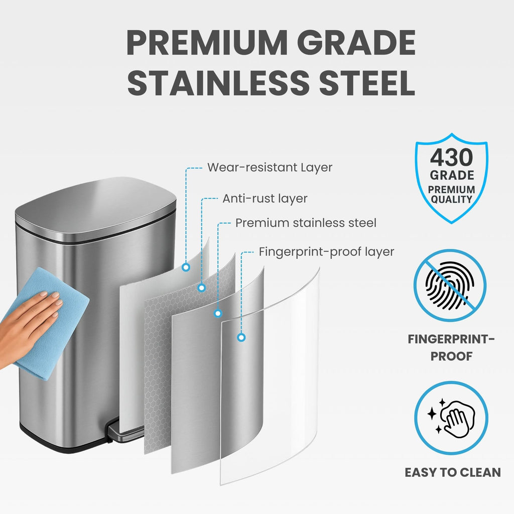 13.2 Gallon Stainless Steel Step Trash Can with Lid Q154