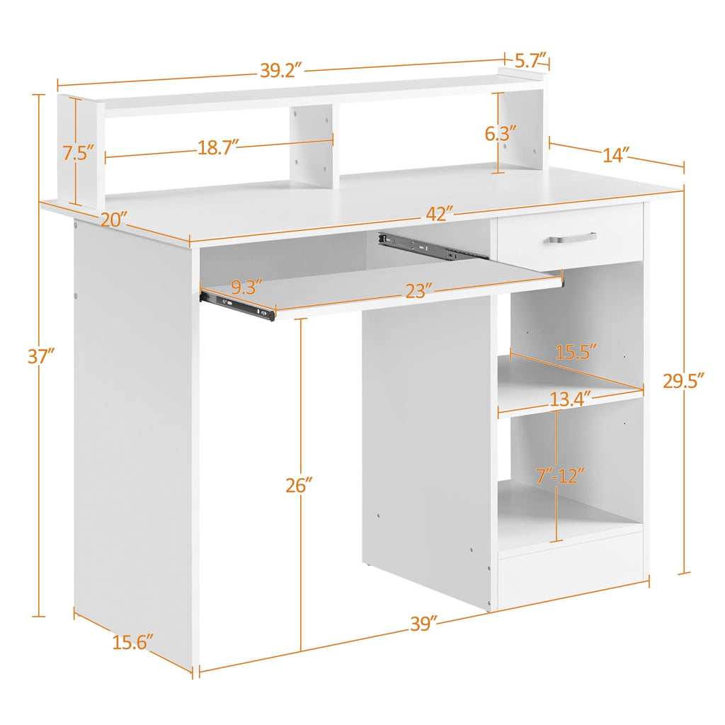 White Computer Desk with Keyboard Tray, Drawers, and Shelves W17426