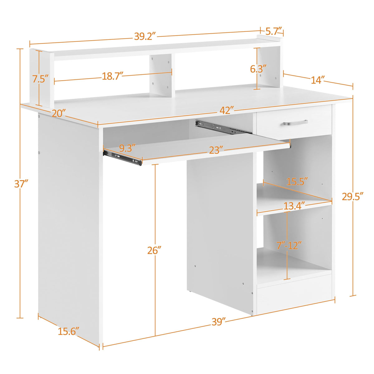 White Computer Desk with Keyboard Tray, Drawers, and Shelves W17426