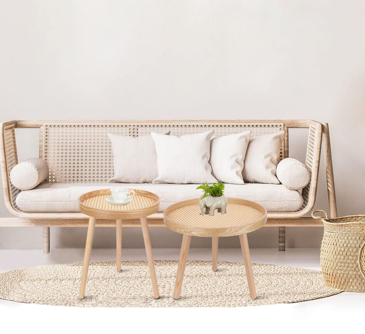 Round Coffee Table Set of 2 Natural Rattan O746853