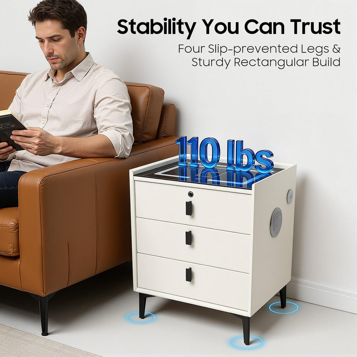 Beige White 3 Drawer Nightstand with Wireless Charging P4428
