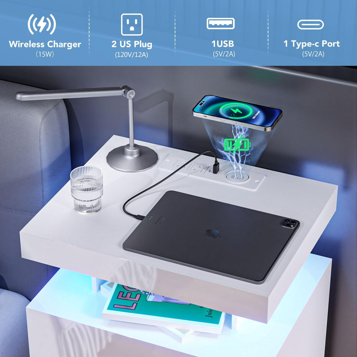 White 3 Drawer Nightstand with Wireless Charging Station E1041