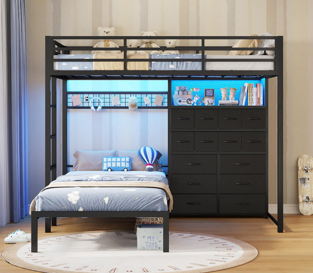 Black Twin Over Twin Bunk Bed with Storage Drawers & Bookshelf D554468
