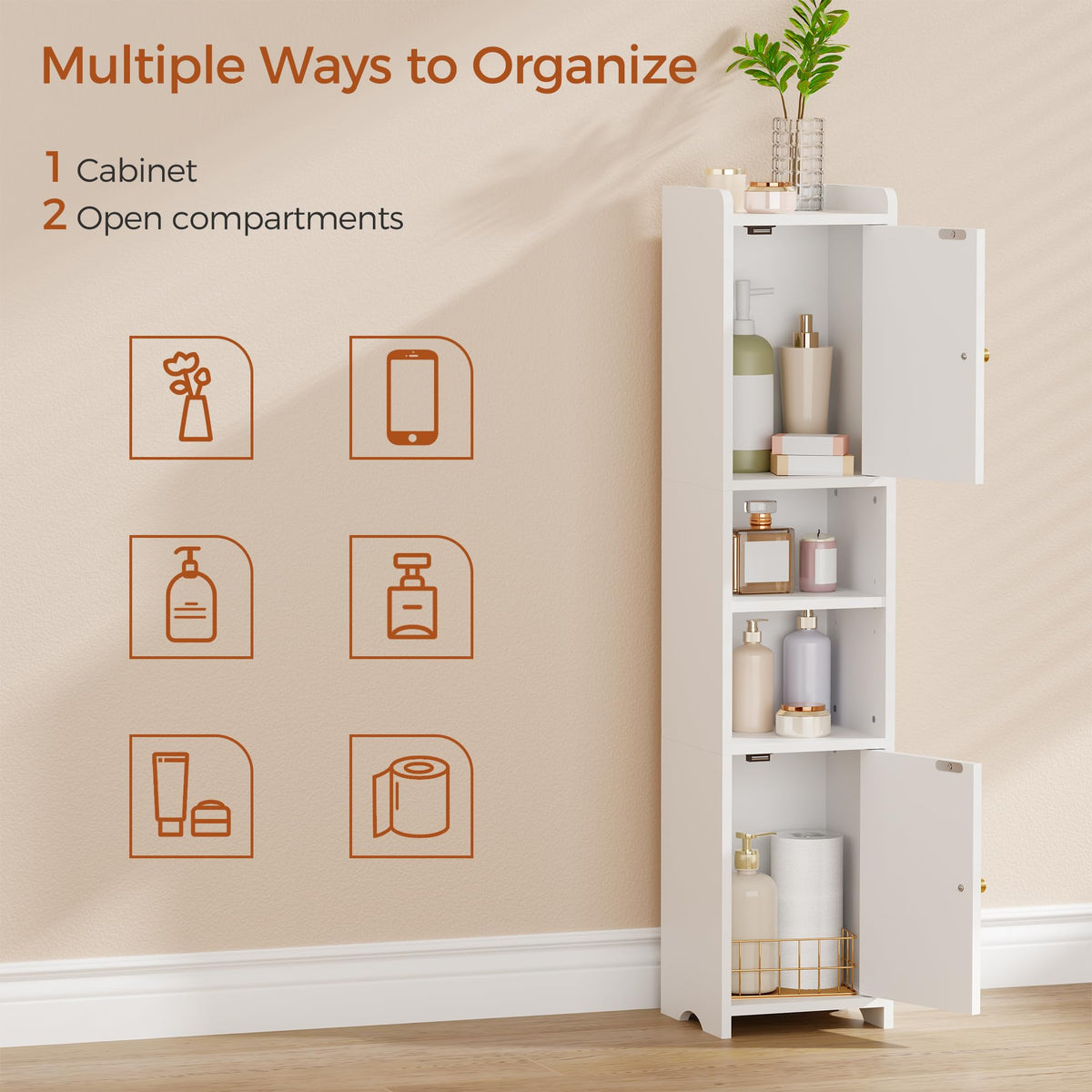 Slim Bathroom Storage Cabinet with 2 Doors and Adjustable Shelf Y78083