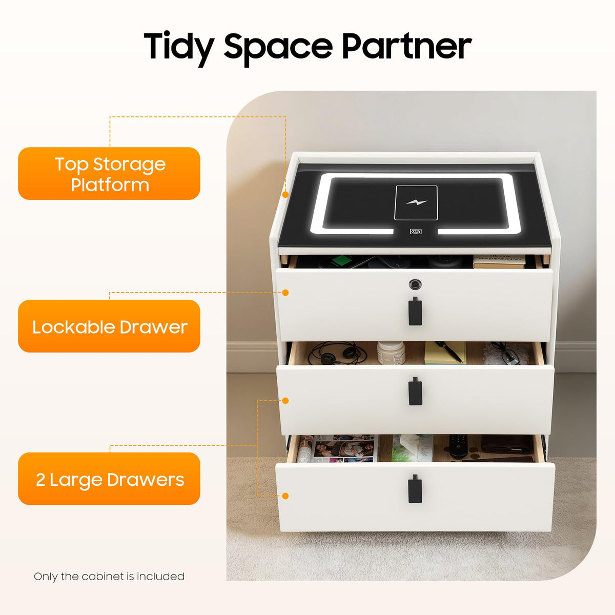 Beige White 3 Drawer Nightstand with Wireless Charging P4428