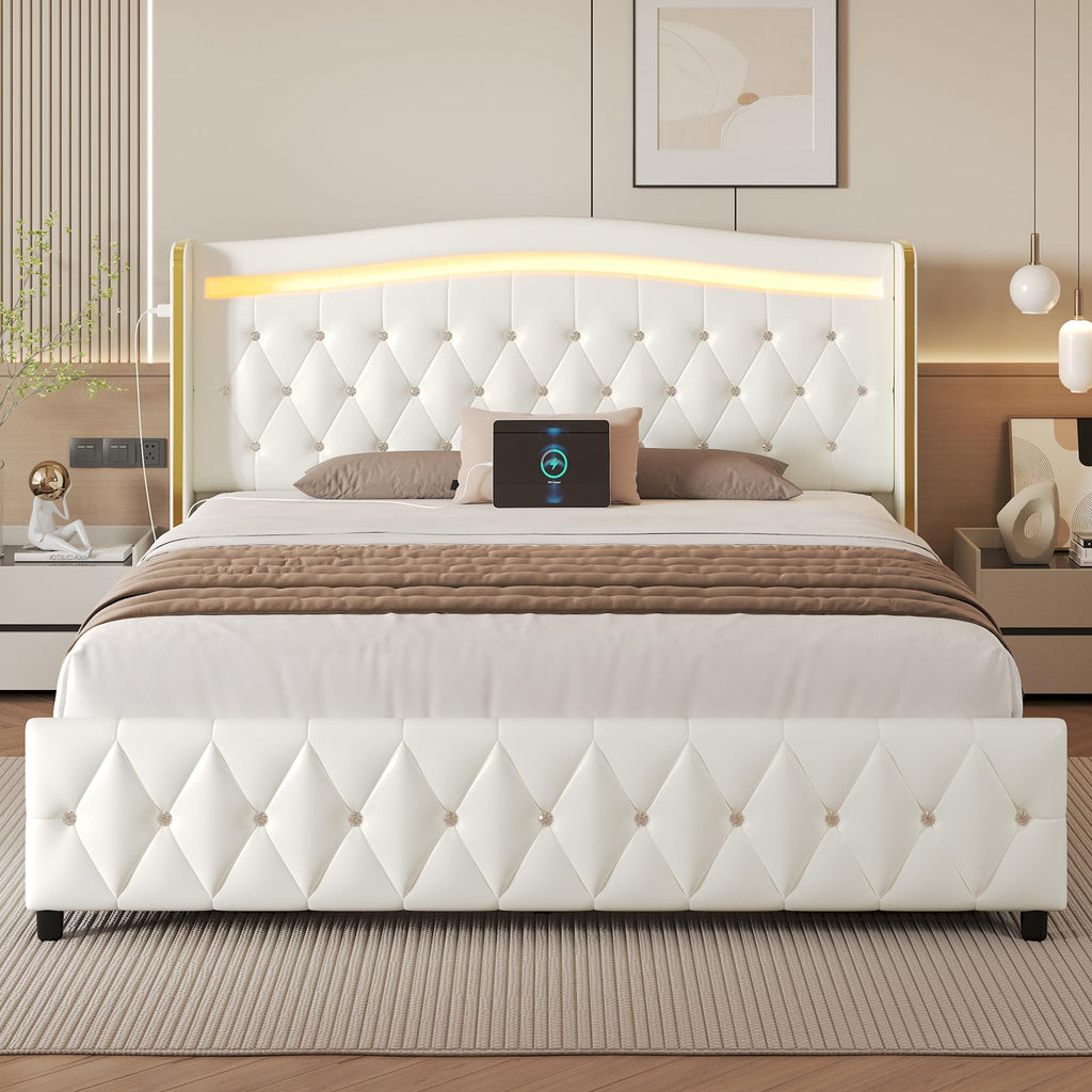 White Full Size Bed Frame with 4 Storage Drawers H5890