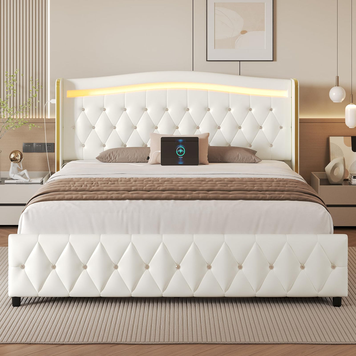 White Full Size Bed Frame with 4 Storage Drawers H5890