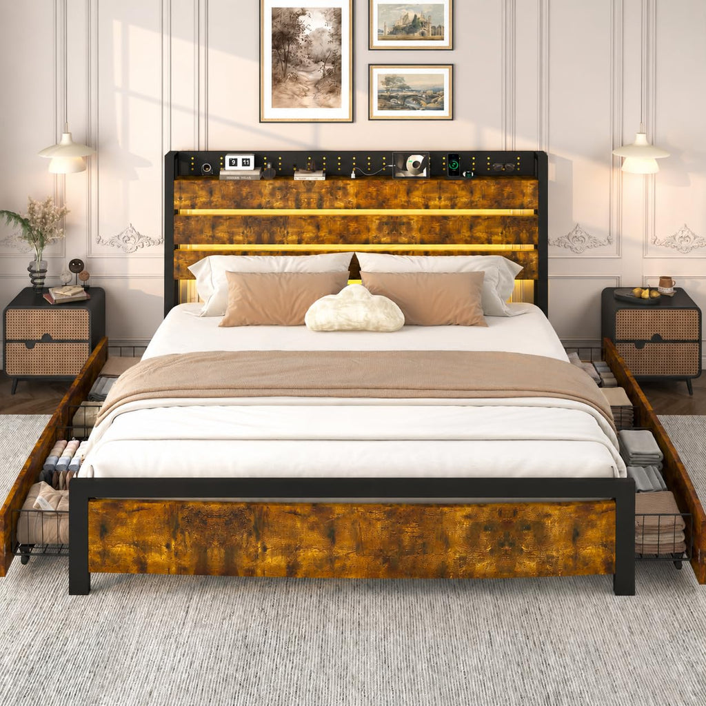 King Size Storage Bed Frame with 4 Drawers, Metal Bed Frame with Headboard Charging Station & Led Lights, Heavy Duty Platform Bedframe, No Box Spring Needed, Noise Free, Easy Assembly, Brown O320224