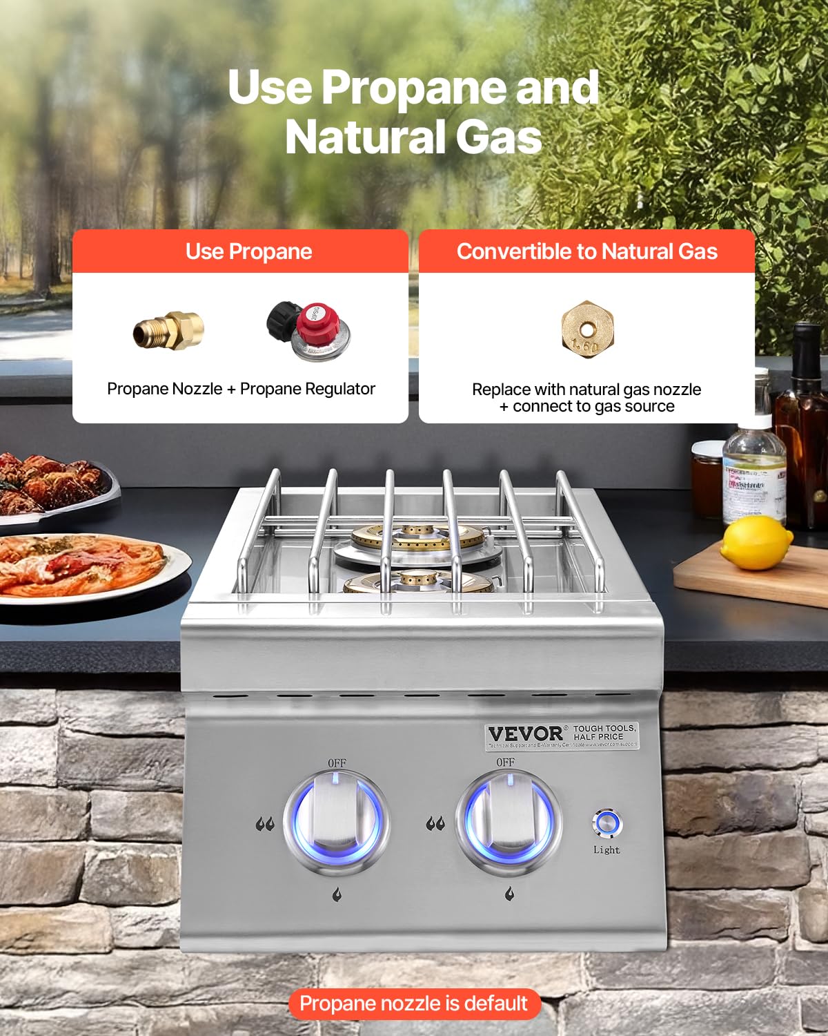 Double Side Burners, 2 x 17,000BTU Liquid Propane, Convertible to Natural Gas, 304 Stainless Steel Built-in E37726