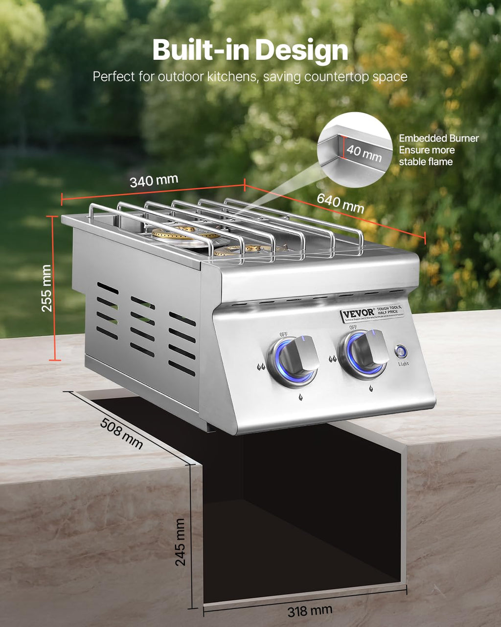 Double Side Burners, 2 x 17,000BTU Liquid Propane, Convertible to Natural Gas, 304 Stainless Steel Built-in E37726