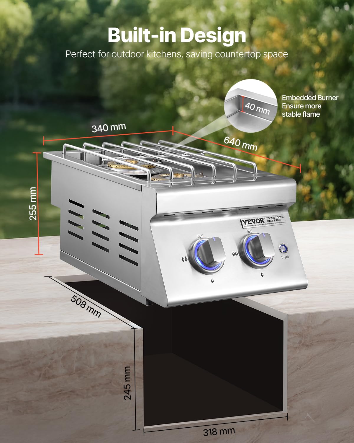 Double Side Burners, 2 x 17,000BTU Liquid Propane, Convertible to Natural Gas, 304 Stainless Steel Built-in E37726