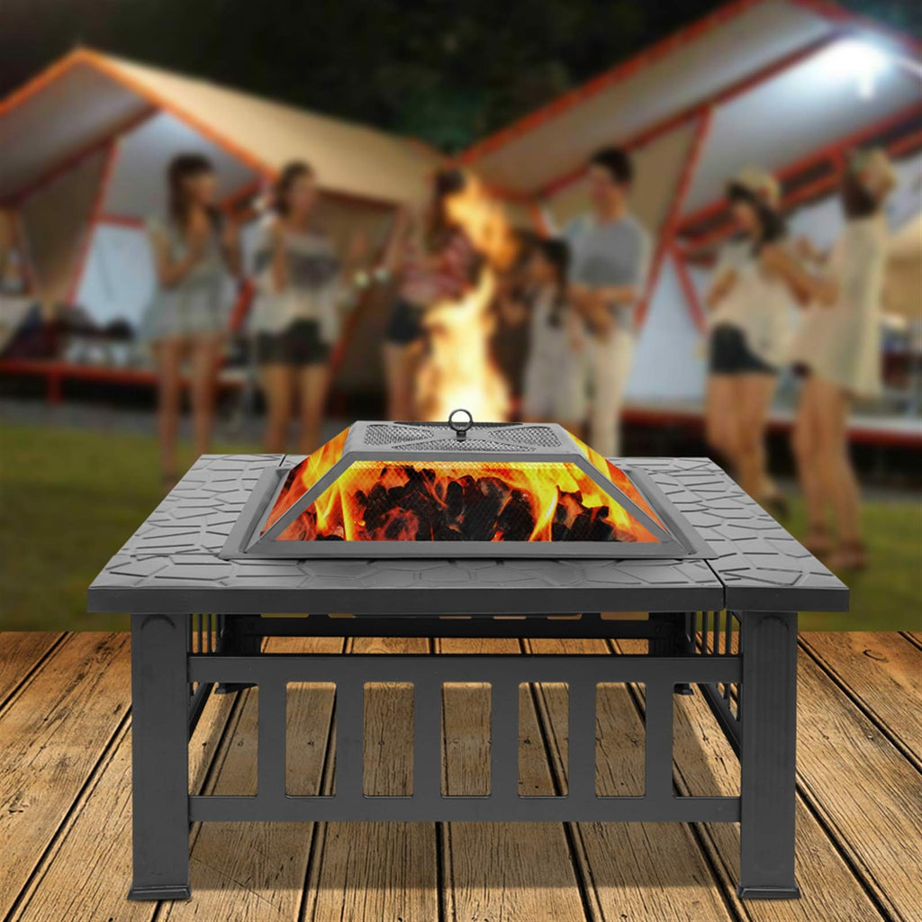 Black 32" Wood Burning Fire Pit Table with Grate, Poker and Spark Screen Cover X125413