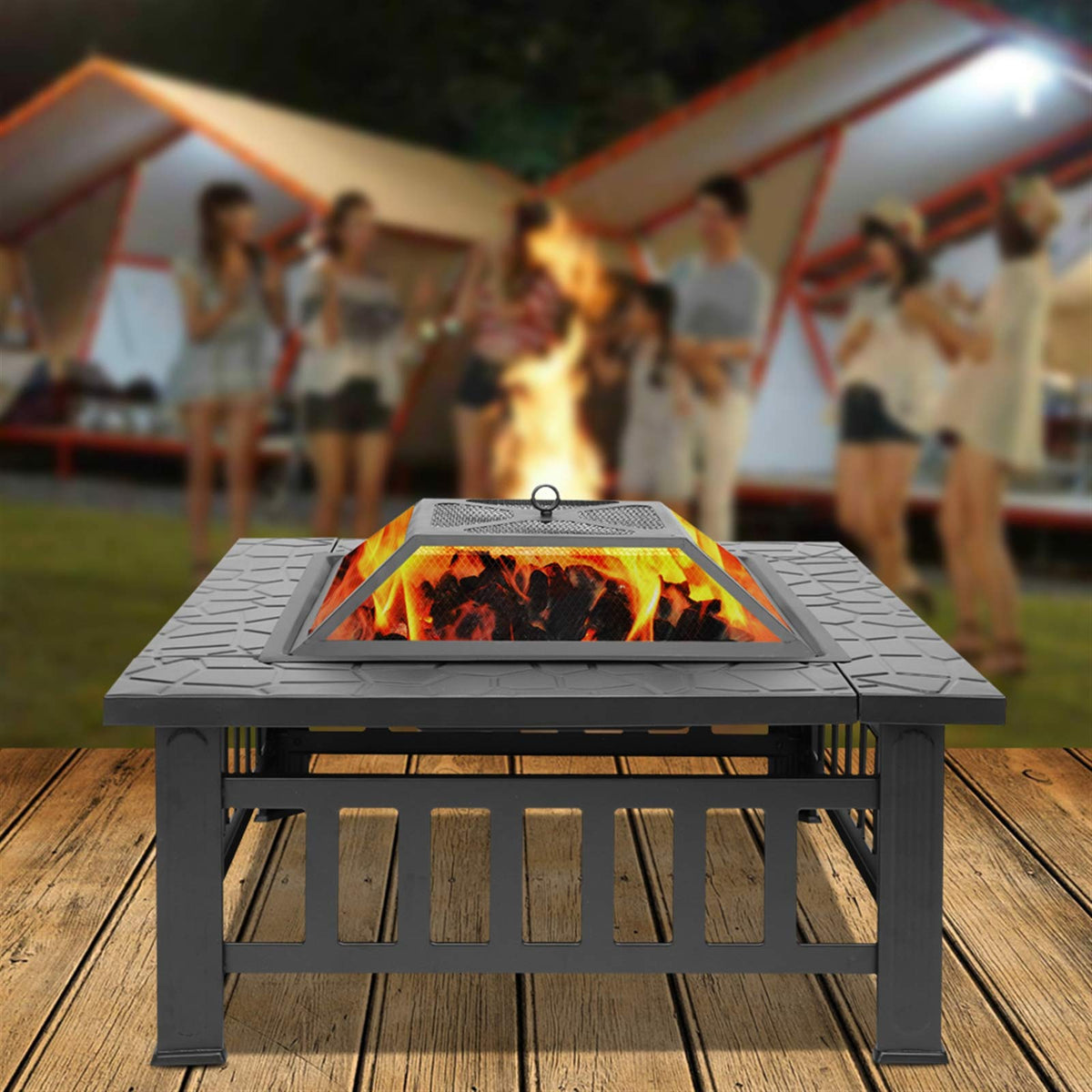 Black 32" Wood Burning Fire Pit Table with Grate, Poker and Spark Screen Cover X125413