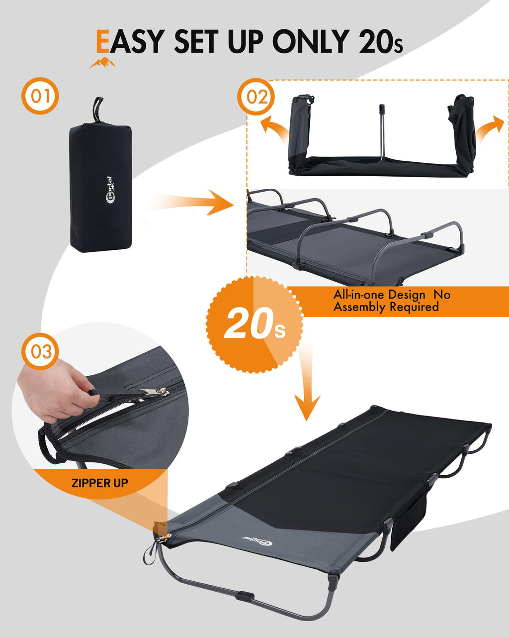 Ultra-Light 7.1 lbs Foldable Camping Cot with Side Pocket R502