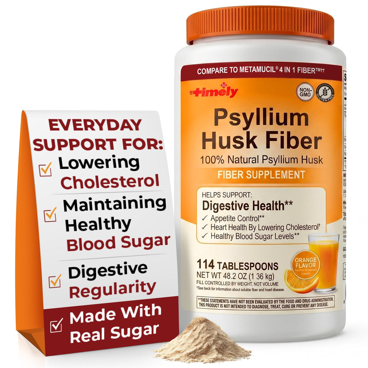 Psyllium Husk Powder Fiber Supplement Orange Flavor 48.2 oz U663