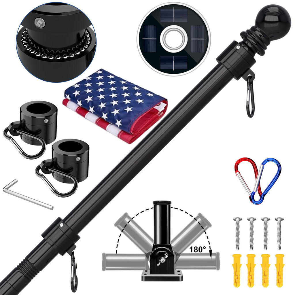 5FT Black Stainless Steel Flag Pole Kit with Solar Light and American Flag I461
