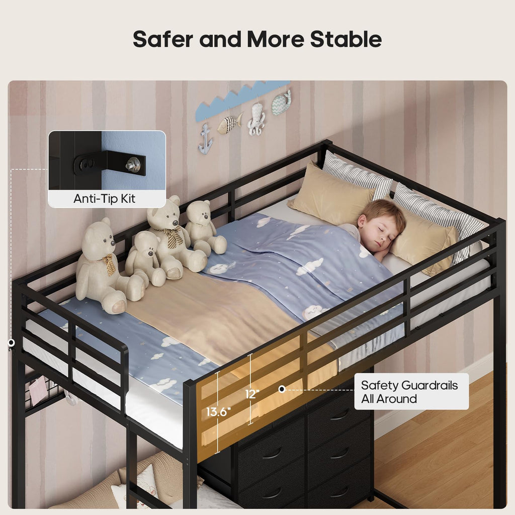 Black Twin Over Twin Bunk Bed with Storage Drawers & Bookshelf D554468