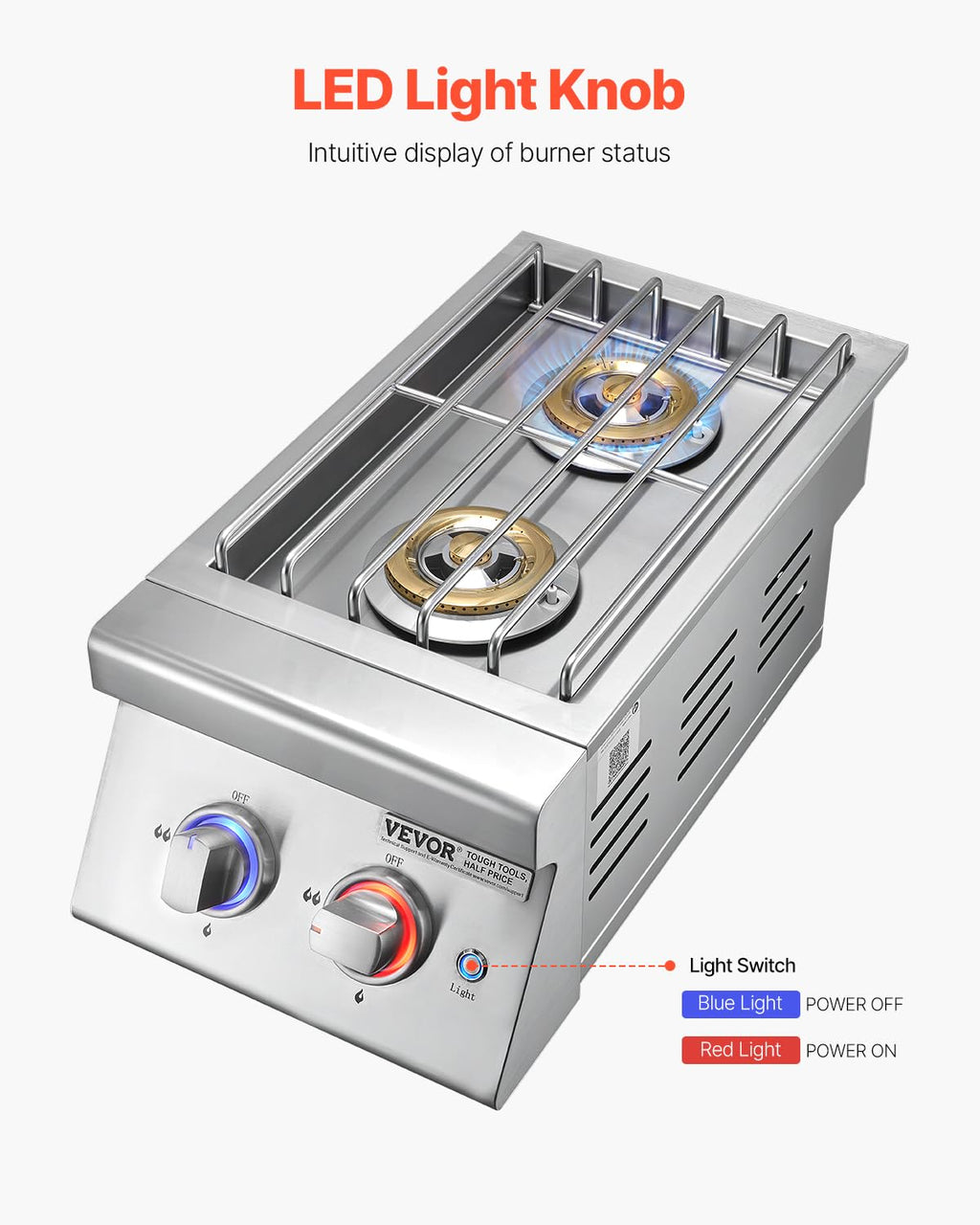 Double Side Burners, 2 x 17,000BTU Liquid Propane, Convertible to Natural Gas, 304 Stainless Steel Built-in E37726