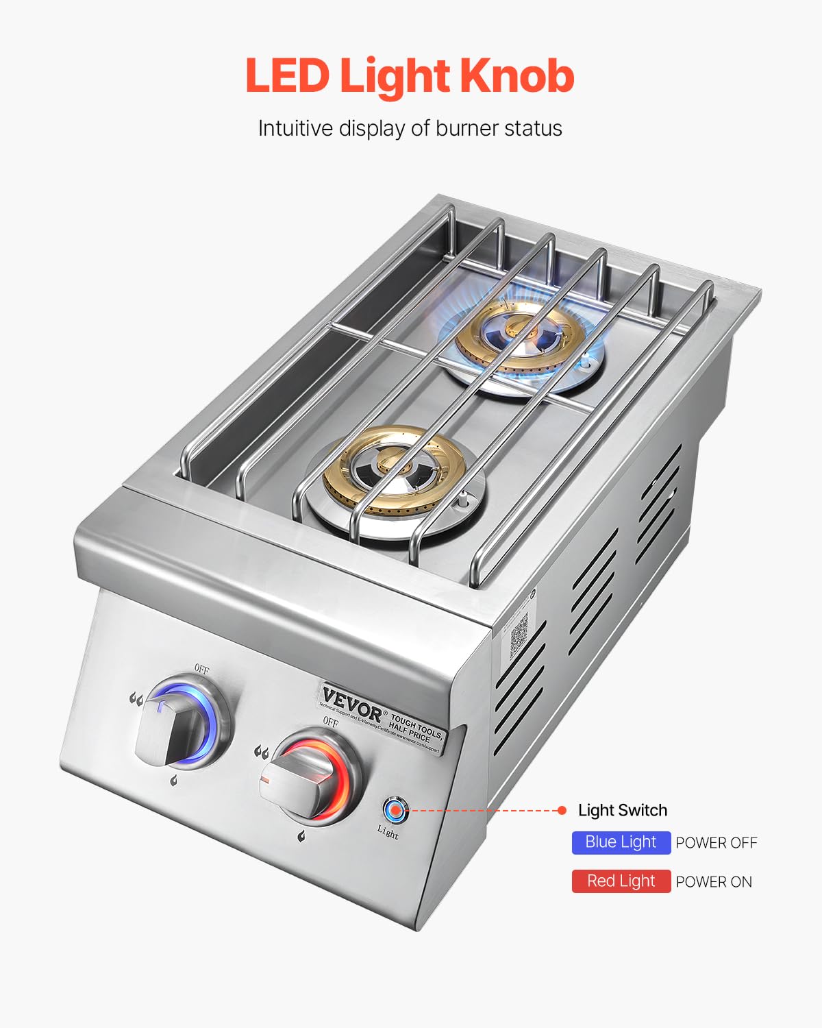 Double Side Burners, 2 x 17,000BTU Liquid Propane, Convertible to Natural Gas, 304 Stainless Steel Built-in E37726