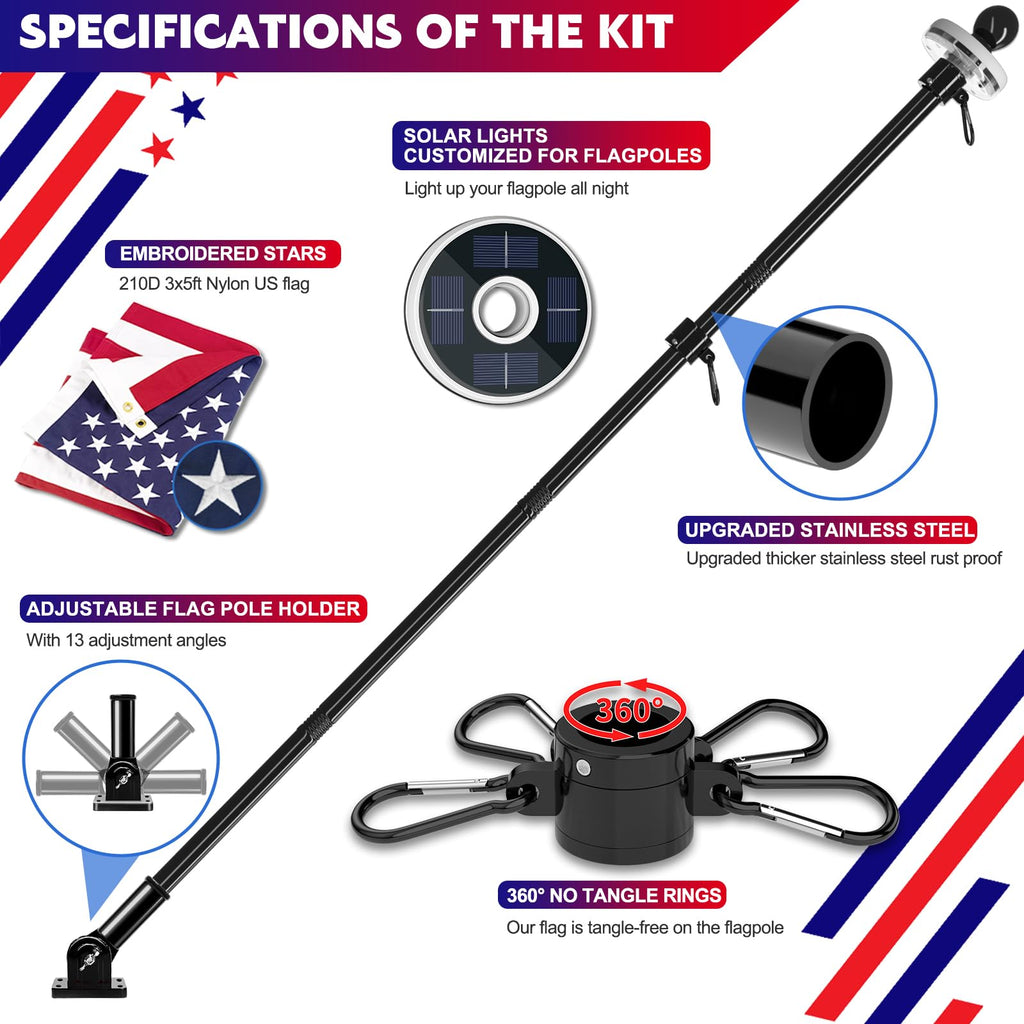 5FT Black Stainless Steel Flag Pole Kit with Solar Light and American Flag I461