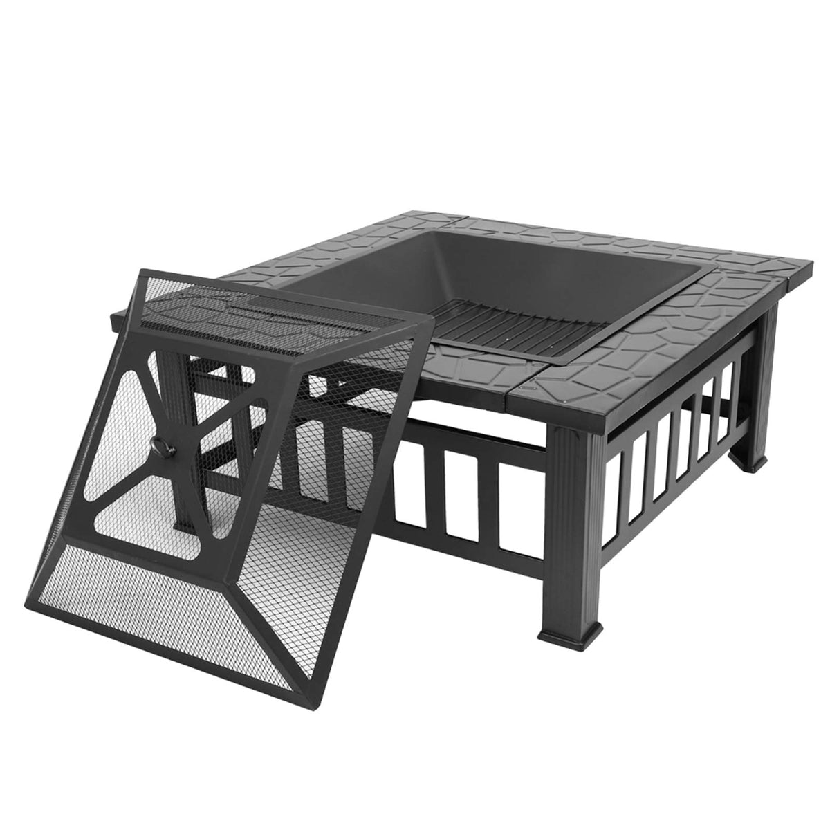 Black 32" Wood Burning Fire Pit Table with Grate, Poker and Spark Screen Cover X125413